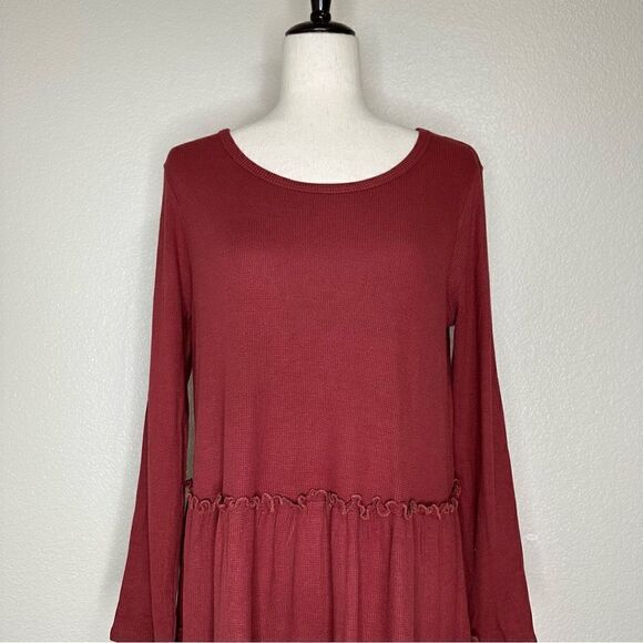 Pink Lily Burgundy Waffle Knit Tiered Ruffle Skirt Long Sleeves Dress - Picture 2 of 11